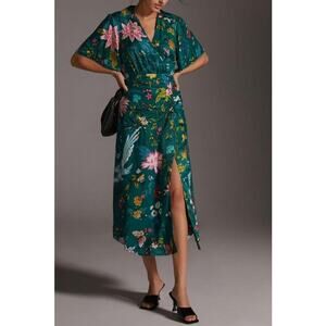 Maeve by Anthropologie Silky Dark Green Floral Buttonfront Shirt Dress Midi, 0